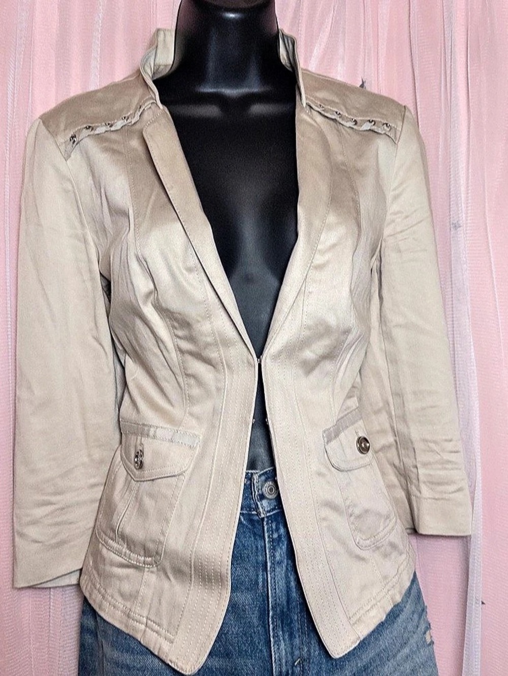 White House Black Market Women's Utility Jacket Beige Size 6 | Corset Detailing